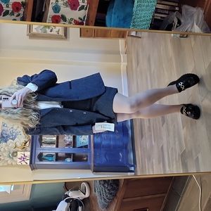 Brandon Thomas Wool Suit Set Blue Gray With Suede Lapel and Trim Size 8